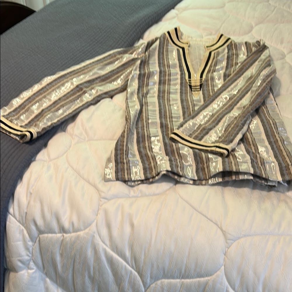 Tory Burch Silver and Cream Striped Tunic